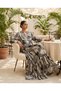Bohemian Style Leaf Pattern, Lace Detailed, Long Sleeve Buttoned Resort Dress - Black/White