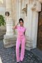 Women's Pink Boat Neck Blouse Pants Cotton Set - 2