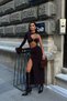 Women's Brown Belly-Baring One-Sleeve Slit Midi Dress