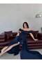 Navy Blue Off-Shoulder Draped Glittering Long Evening Dress - 5