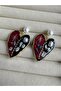 Burgundy Red and Black Enamel Ethnic Heart Earrings - 2