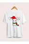 New Year's Christmas Reindeer Printed Short Sleeve Oversize Crew Neck Tshirt - 2