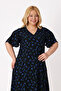 Women's Plus Size Black Floral Patterned Flounced Short Sleeve V-Neck Viscose Dress - 5