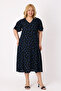 Women's Plus Size Black Floral Patterned Flounced Short Sleeve V-Neck Viscose Dress - 3