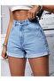 Women's High Waist Double Leg Jean Shorts with Lycra Gathering - 4