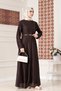 Piping Detailed Belted Lace Hijab Dress-Brown - 2