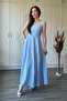 Square Neck Midi Blue Dress with Bow Detail on the Back - 2