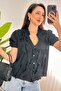 Ruffle Detailed Short Sleeve Black Blouse