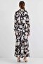 Women's Shirt Collar Floral Patterned Satin Black Double Suit - 4
