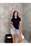 Women's Navy Blue Crew Neck Short Sleeve T-Shirt with Stretch Fabric - 3
