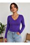 Women's V-Neck Purple Long Sleeve Crop Blouse - 2
