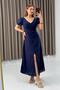 Waist Tie V Neck Linen Dress Navy Blue - 2