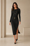 Black Long Sleeve Slit Waist Detailed Stylish Women's Midi Evening Dress with Accessories 77163 - 4