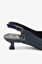 Navy Blue Genuine Leather Open Back Pointed Toe Short Heeled Women's Stiletto - 7