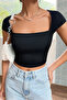 Women's Black Square Collar Half Sleeve Chest Low-Cut Crop Top Blouse - 3