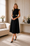 Flexible Crepe Fabric Detachable Brooch Detailed Padded Shoulders Flared Cut Midi Length Black Evening Dress 77150 - 7