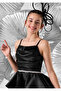 Girl's Satin Fabric Layered Skirt Black Color Short Evening Dress - 2