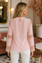 Women's Round Neck Long Sleeve Guipure and Lace Detailed Stylish Casual Powder Blouse with Back Button Detail - 3