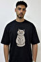 Gray Cat Design Printed Oversize Black T-Shirt