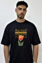 Red Orange Tulip Design Printed Oversize Black T-Shirt