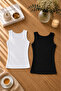 Women's Black & White Square Neck Strap Cotton Lycra Combed Cotton 2-Piece Undershirt