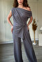 Off-Shoulder Front Knot Detailed Asymmetrical Wide-Leg Gray Suit - 2