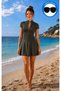 Women's Khaki Swimsuit with Skirt, Short Sleeves, Zipper, and Chest Pads - 2