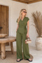 Women's Khaki Tie-Detail Blouse Wide-Leg Bottom Top Two-Piece Summer Set - 4