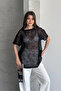 Women's Black Sequined Mesh Blouse Oversize Casual Beach Top Pareo Summer Blouse - 4