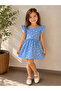 Girl's Blue Bow Patterned Ruffle Sleeve Cotton Summer Casual Dress - 2