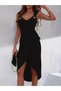 Women's Strappy V-Neck Bird Eye Detailed Side Tie Midi Viscose Dress