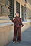 Women's Self-Patterned Shoulder Ruffle Detail Waist Tie Tulle Set Brown - 3