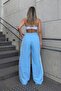 Blue Side Striped Waist Tie Pocketed Atlas Fabric Women's Sweatpants - 5