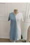 Women's Short Sleeve V-Neck Double Color Short Laser Cut Flower Detailed Imported Crepe Dress - 4