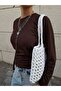 Women's White Knitted Medium Size 36×26cm Handcrafted Daily Shoulder Bag - 4