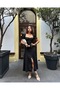 Women's Black Square Neck Watermelon Sleeve Slit Midi Dress Yel0959