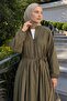 Voile Button Detailed Pleated Dress 5007 - Dark Khaki - 3