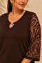 Women's Plus Size Sleeve Patterned Tulle Collar Hollow Out Pearl Accessory Wide Three-Quarter Sleeve Stretchy Viscose Blouse - 2