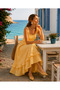 Yellow Gingham Skirt with Ruffle Detail at the Hem, Square Neckline, Mid-Length Dress - 9
