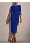 Women's Short Slit Sleeves Pearl Detailed Round Neck Midi Imported Crepe Dress