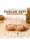Set of 2 Salt Shakers with Wooden Stands - Transparent Plastic Spice Container with Wooden Lids