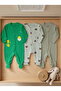 Chick Patterned 3-Piece Baby Romper Set with 2 Booties and 1 Bootie-Free Set Green Water Green Khaki - 6