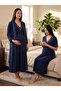 New Season Navy Blue Double-Breasted Collared 100% Cotton Short-Sleeved Special Design Maternity Nightgown Set with Nursing Features - 4