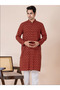 Mens Red All-Over Printed Cotton Kurta Set - 5