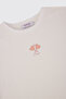 Girl's Crew Neck T-Shirt with Embroidery Detail in Ecru - 3