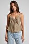 Women's Linen-Like Blouse with Bow Detail on the Front and Adjustable Thin Straps - 3