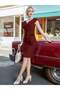 Women's Short Sleeve Gathered Short Imported Crepe Dress with Belt at the Waist - 3