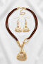 Nubuk Leather Metal Style Necklace Earring Set - 3