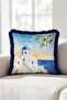Mediterranean Island View Santorini Inspired Fringed Pillowcase - Navy Blue Tasseled Throw Pillow Cover