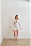Women's White Sleeves Tulle V-Neck Draped Mini Dress - 7